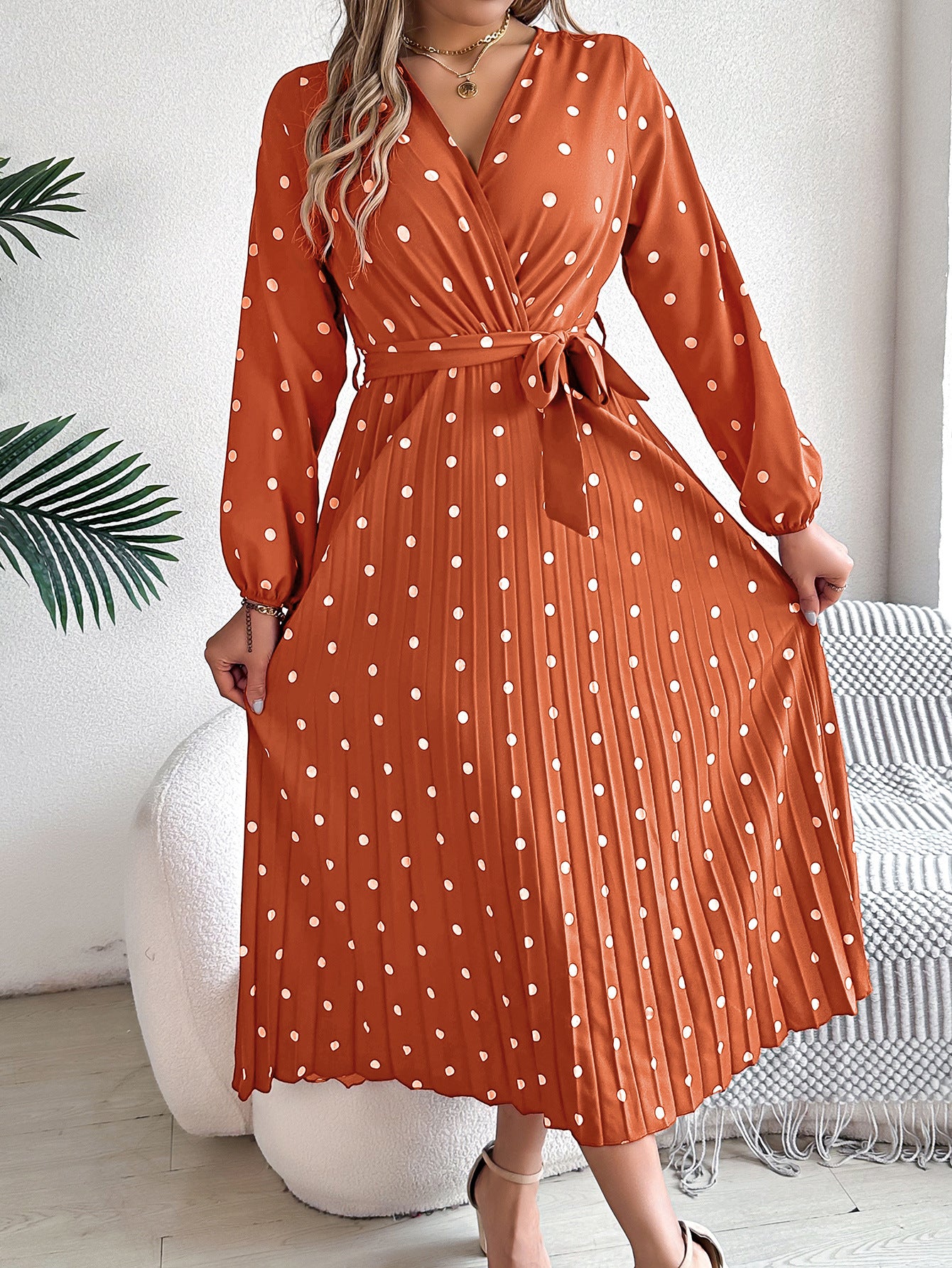 Polka Dot Printed Georgette Pleated Wrap Midi Dress