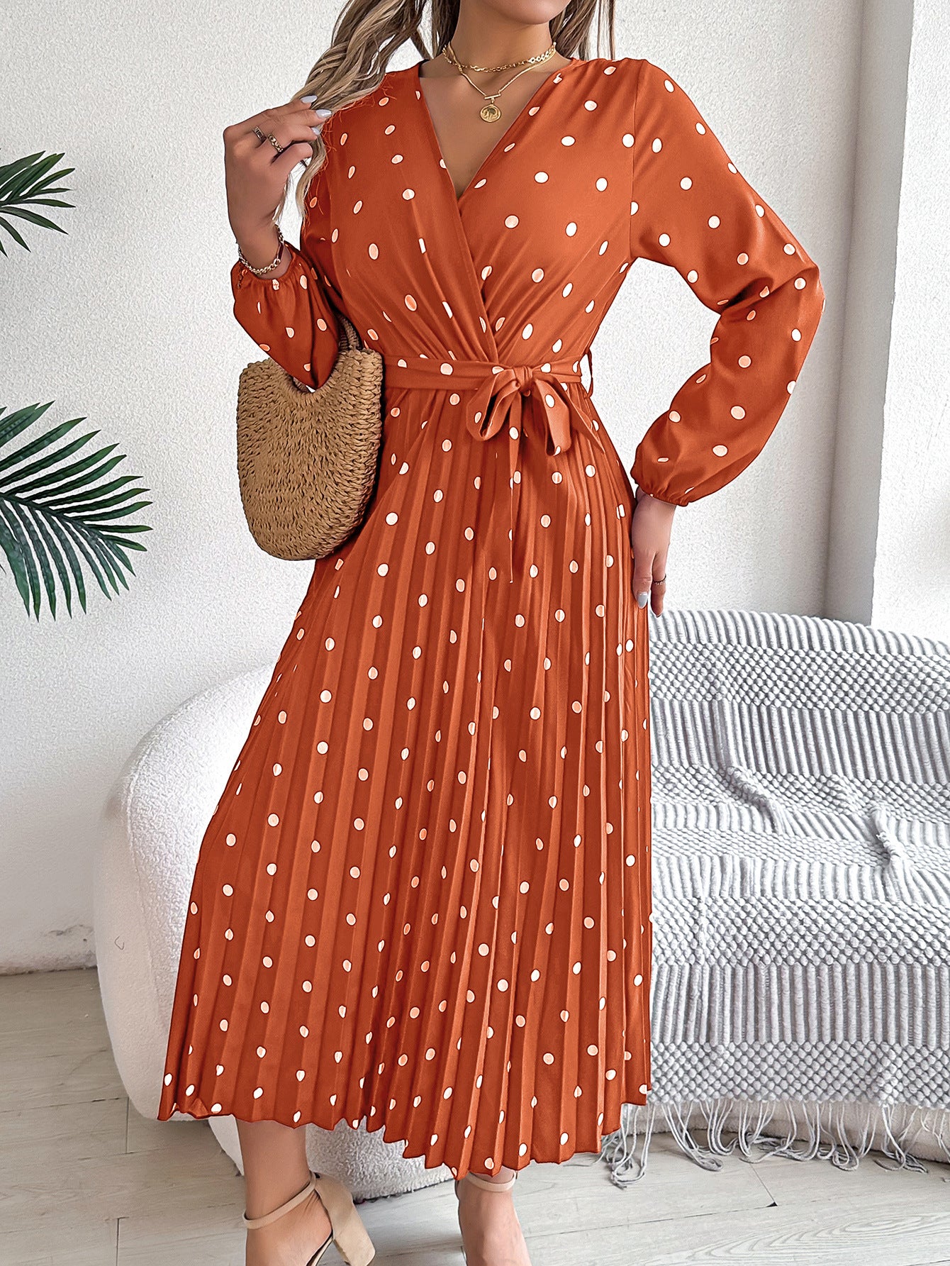 Polka Dot Printed Georgette Pleated Wrap Midi Dress