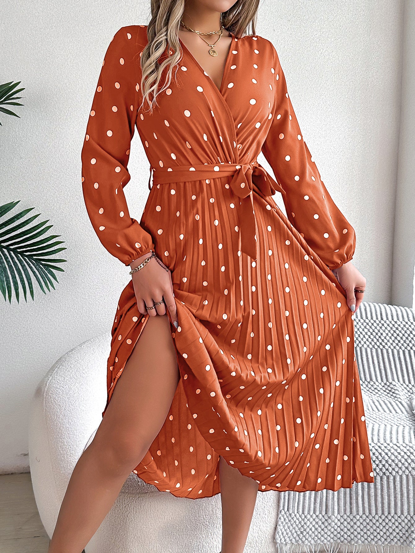 Polka Dot Printed Georgette Pleated Wrap Midi Dress