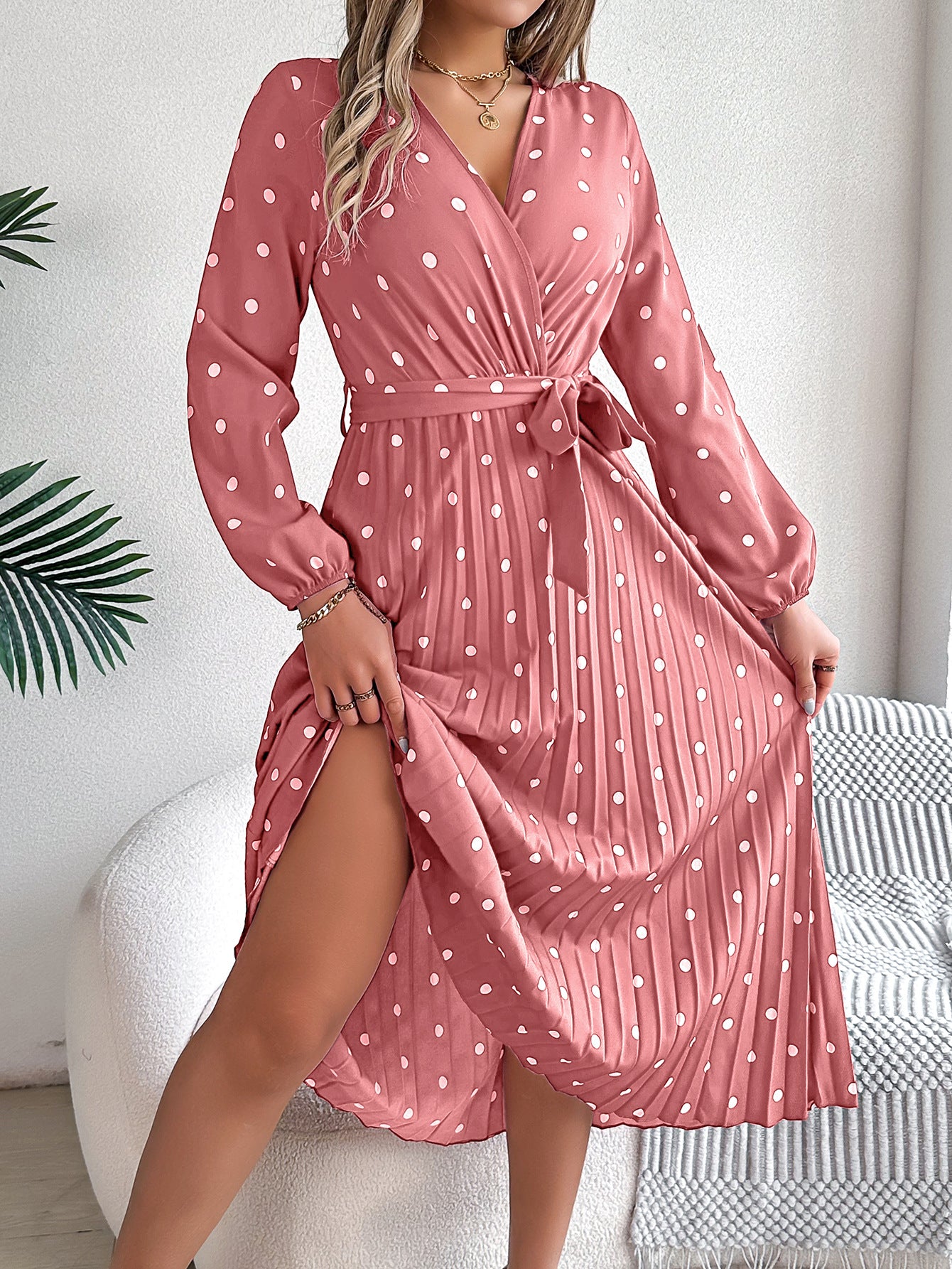 Polka Dot Print Wrap Maxi Dress