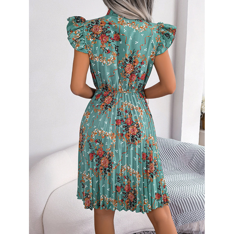 Green Floral Printed Tie-Up Neck Fit & Flare Midi Dress