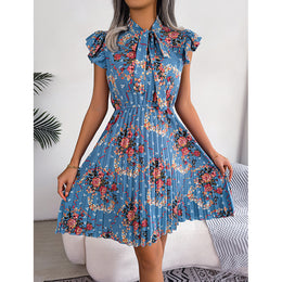 Blue Floral Print Tie-Up Neck Flared Sleeve Fit & Flare Dress