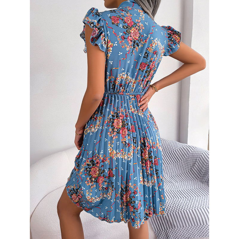 Blue Floral Print Tie-Up Neck Flared Sleeve Fit & Flare Dress