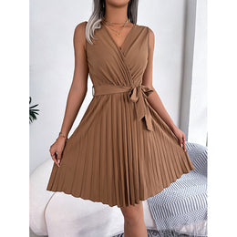 Khaki Solid Accordion Pleated Fit and Flare Dress