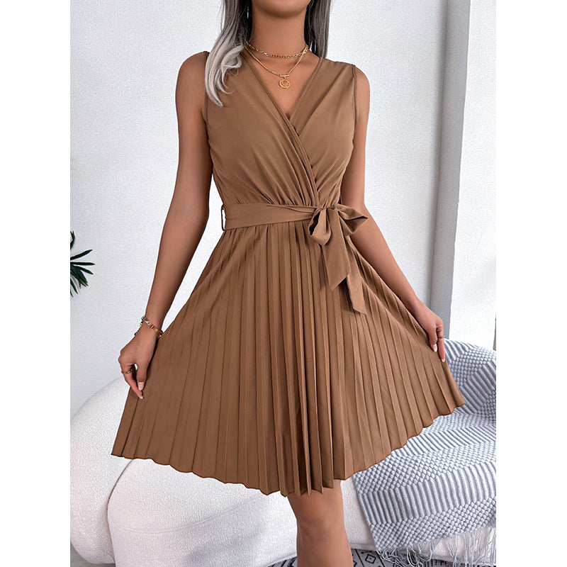 Khaki Solid Accordion Pleated Fit and Flare Dress