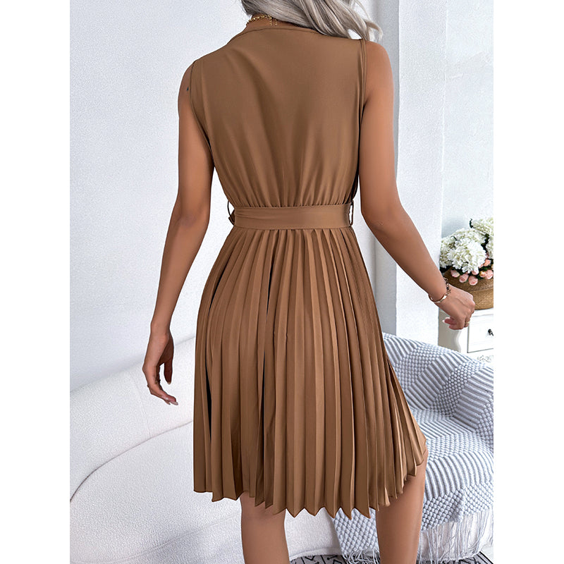 Khaki Solid Accordion Pleated Fit and Flare Dress
