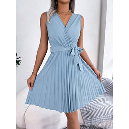 Solid Accordion Pleat Fit and Flare Dress