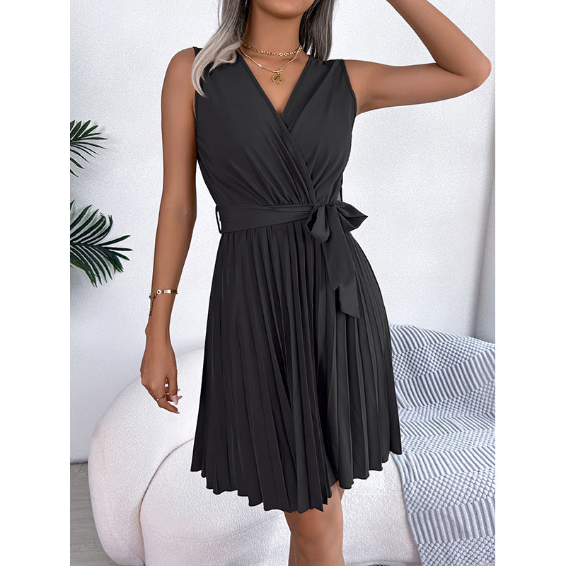 Black V-Neck Sleeveless Midi Wrap Dress
