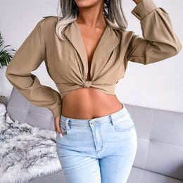 Khaki Knotted Crop Satin Shirt Style Top