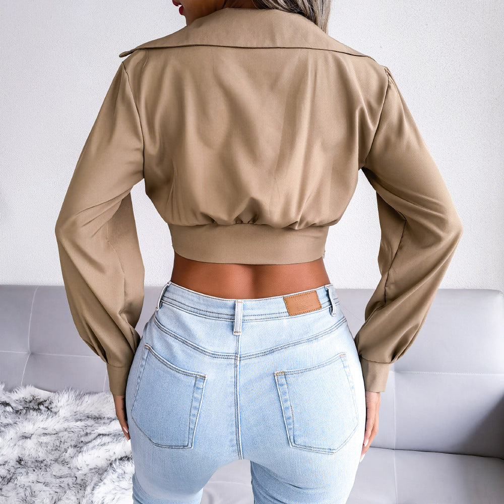 Khaki Knotted Crop Satin Shirt Style Top