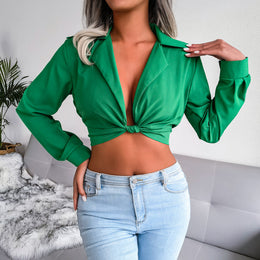 Green Cuffed Sleeves Shirt Style Crop Top