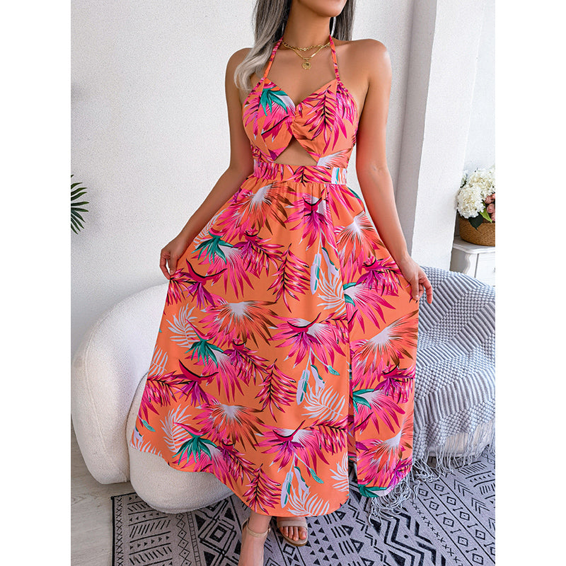 Orange Pink Tropical Print Halter Neck Midi Dress