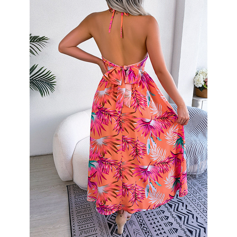 Orange Pink Tropical Print Halter Neck Midi Dress
