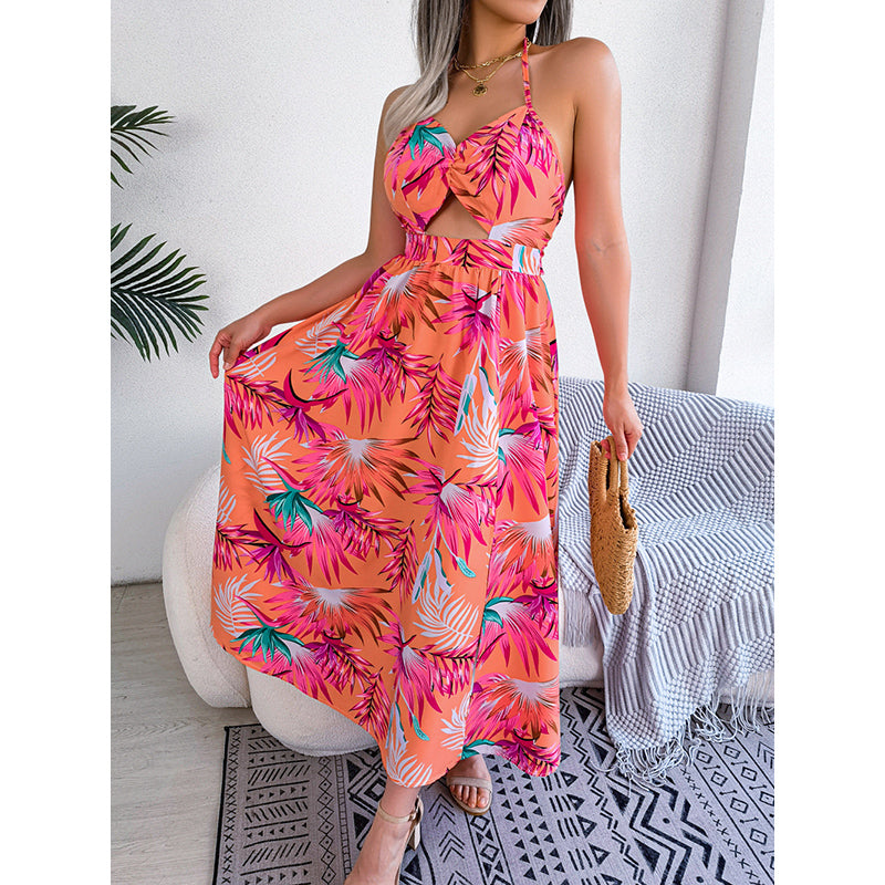 Orange Pink Tropical Print Halter Neck Midi Dress