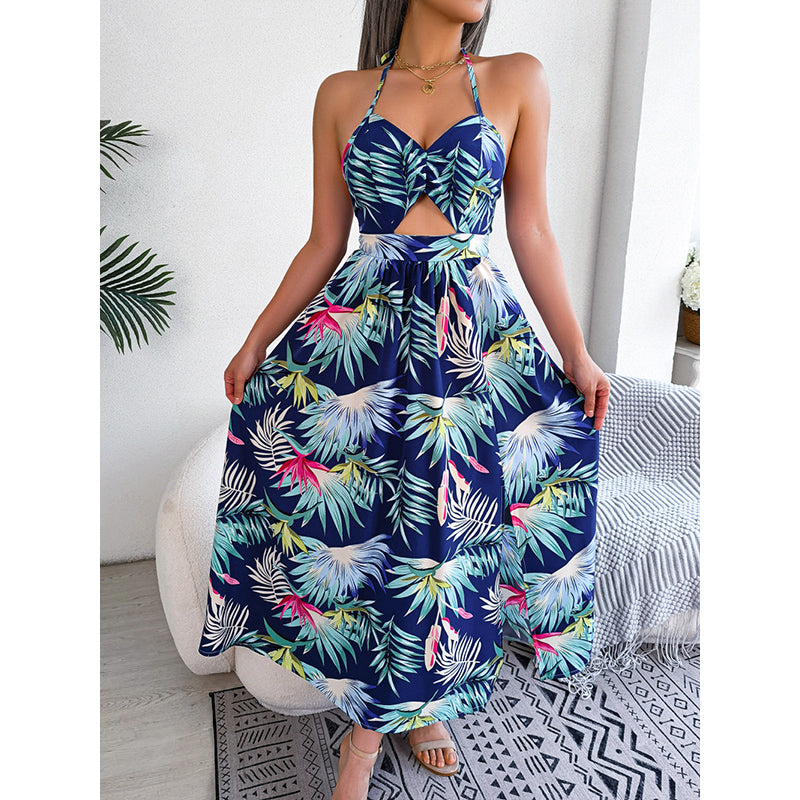 Blue Tropical Print Halter Neck Maxi Dress