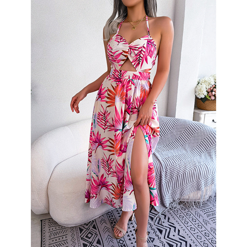 White Tropical Floral Maxi Halter Neck Dress