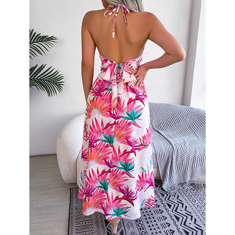 White Tropical Floral Maxi Halter Neck Dress
