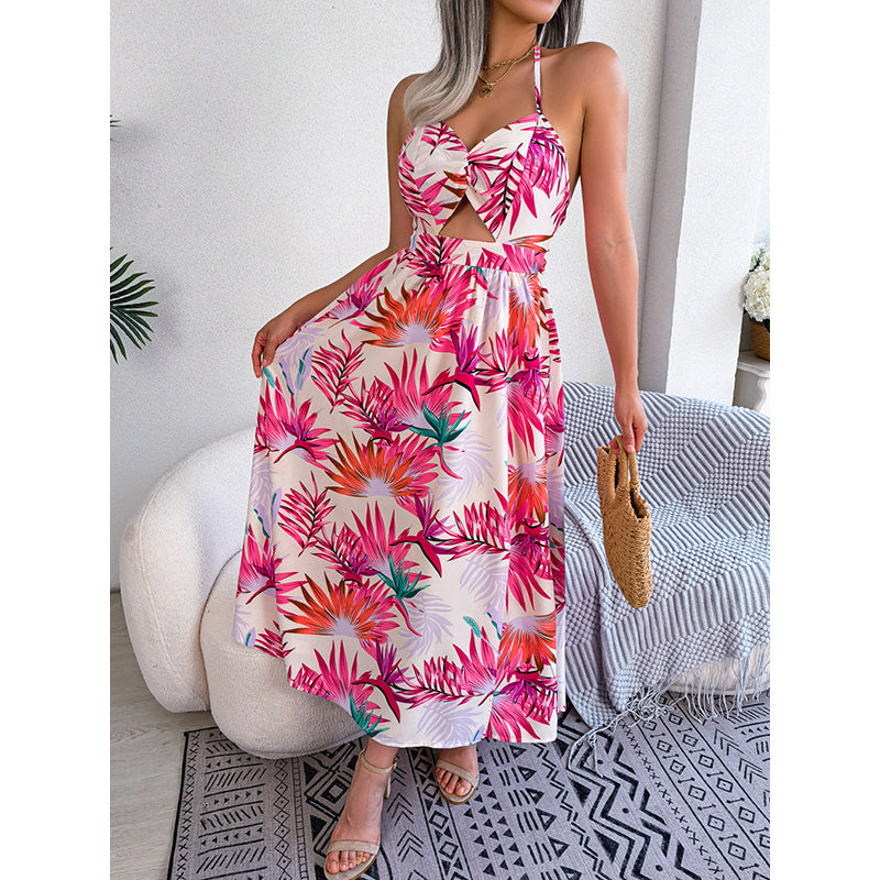 White Tropical Floral Maxi Halter Neck Dress