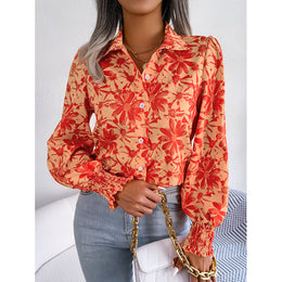Orange Floral Printed Spread Collar Long Sleeves Casual Shirt