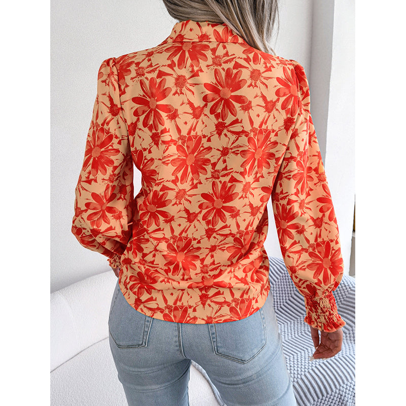Orange Floral Printed Spread Collar Long Sleeves Casual Shirt