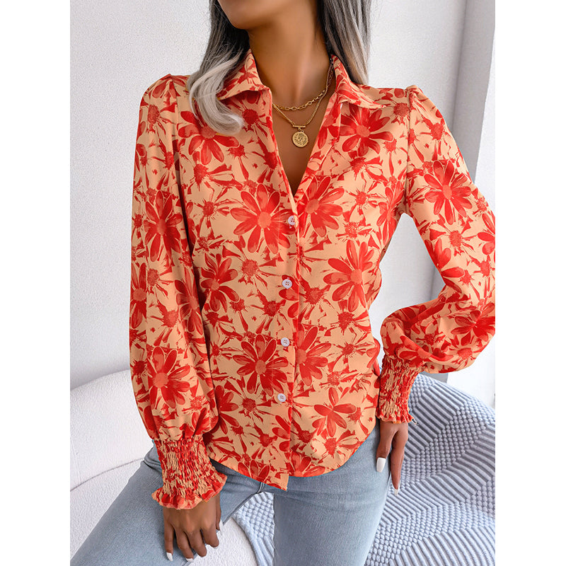 Orange Floral Printed Spread Collar Long Sleeves Casual Shirt