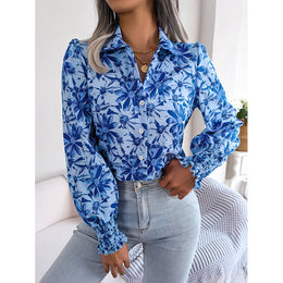Blue Floral Printed Cutaway Collar Casual Shirt