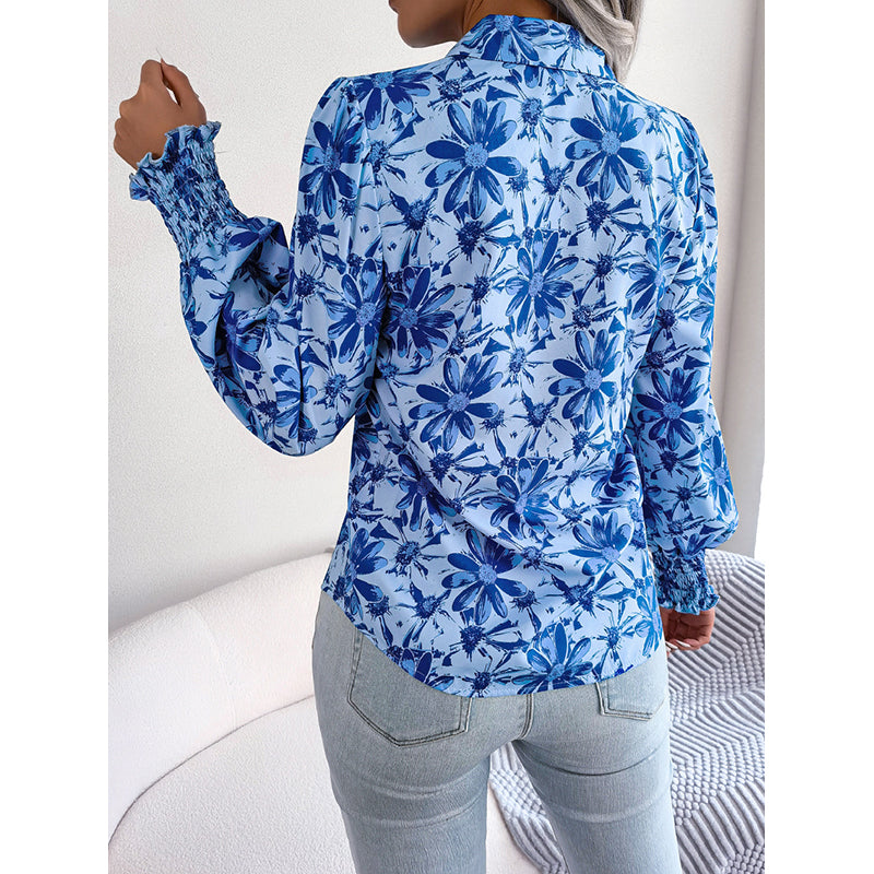 Blue Floral Printed Cutaway Collar Casual Shirt