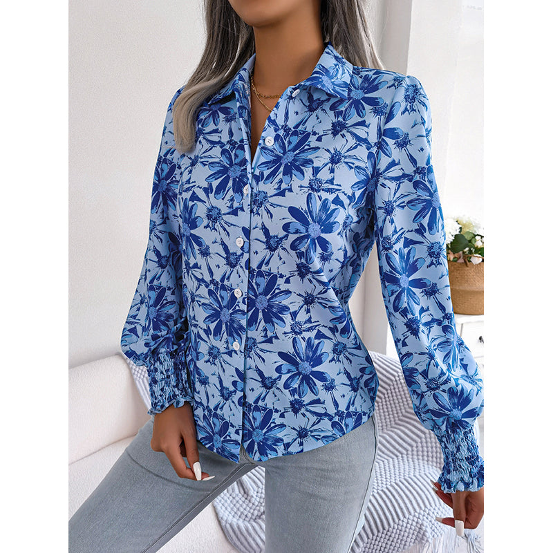 Blue Floral Printed Cutaway Collar Casual Shirt
