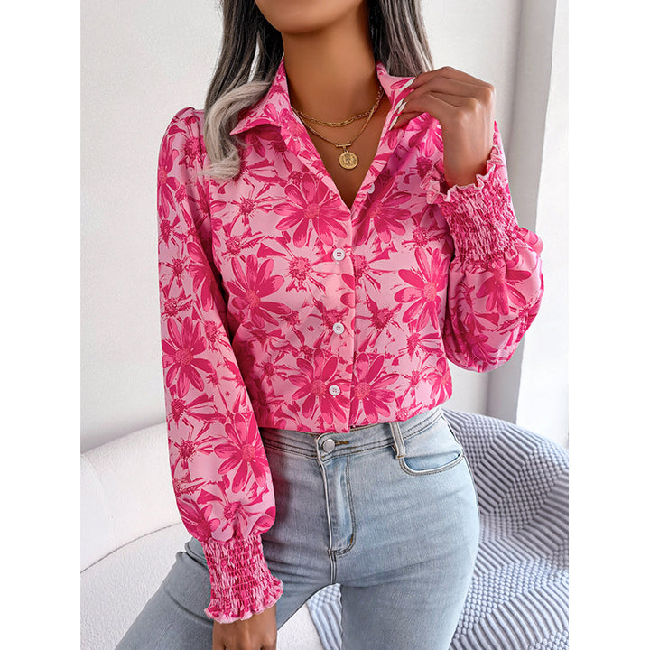 Pink Regular Fit Floral Printed Puffed Sleeves Casual Shirt