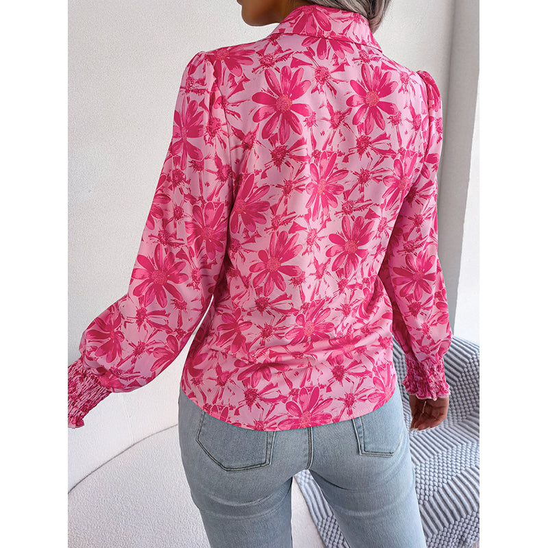 Pink Regular Fit Floral Printed Puffed Sleeves Casual Shirt