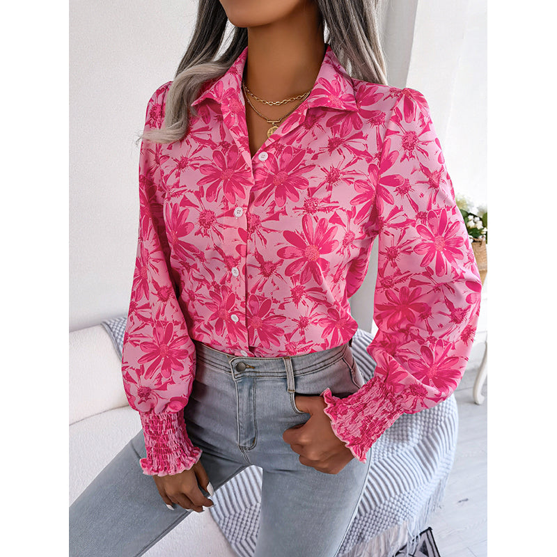 Pink Regular Fit Floral Printed Puffed Sleeves Casual Shirt