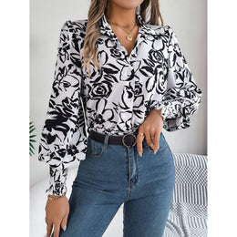 Women Floral Printed Shirt Collar Top