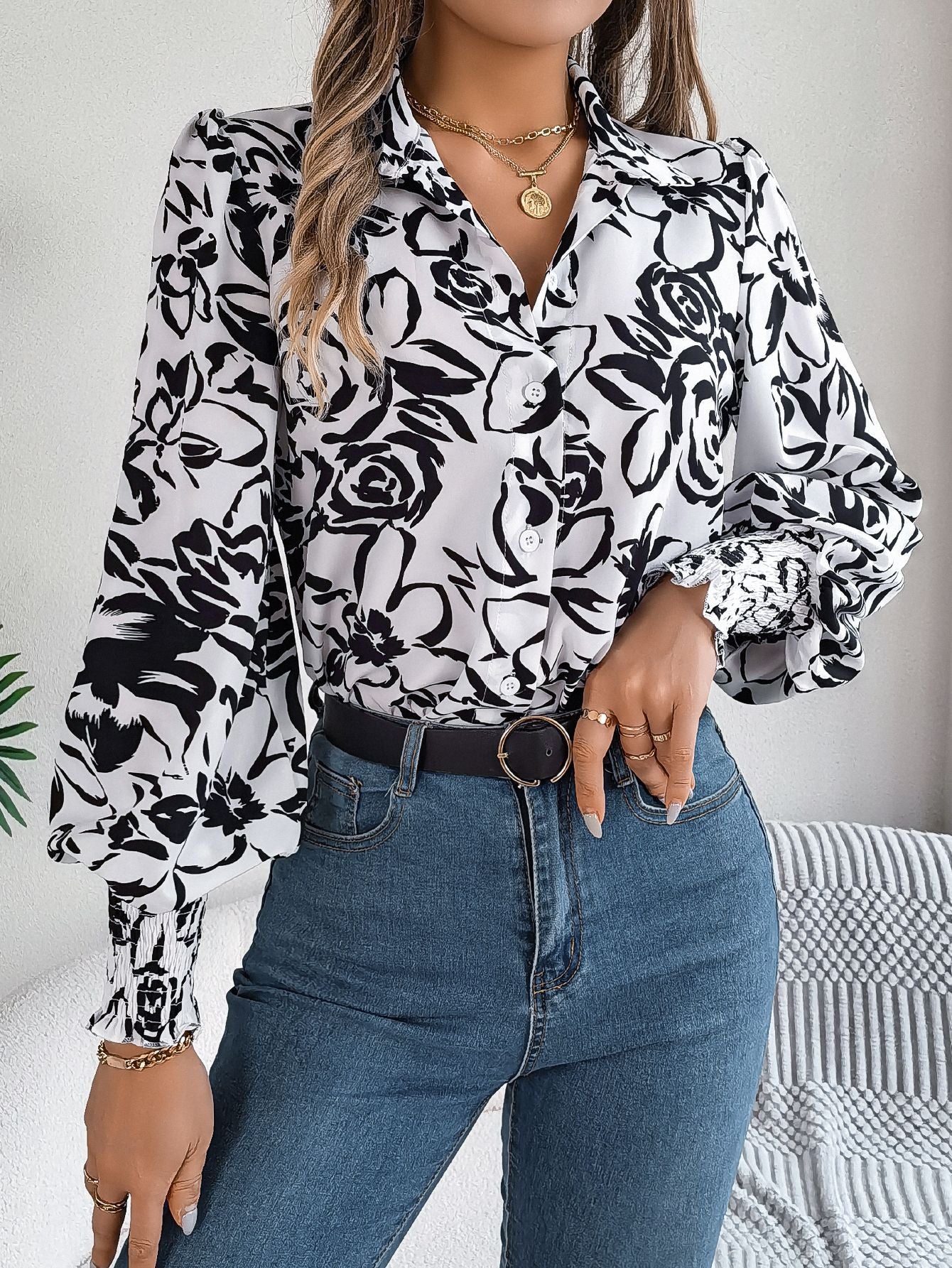 Women Floral Printed Shirt Collar Top