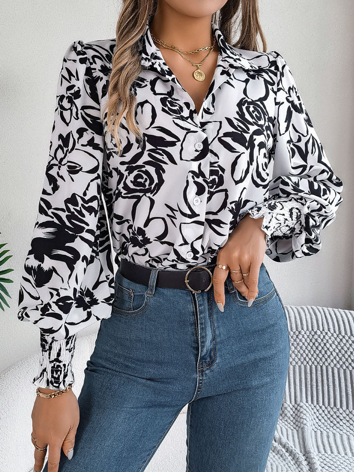 Women Floral Printed Shirt Collar Top