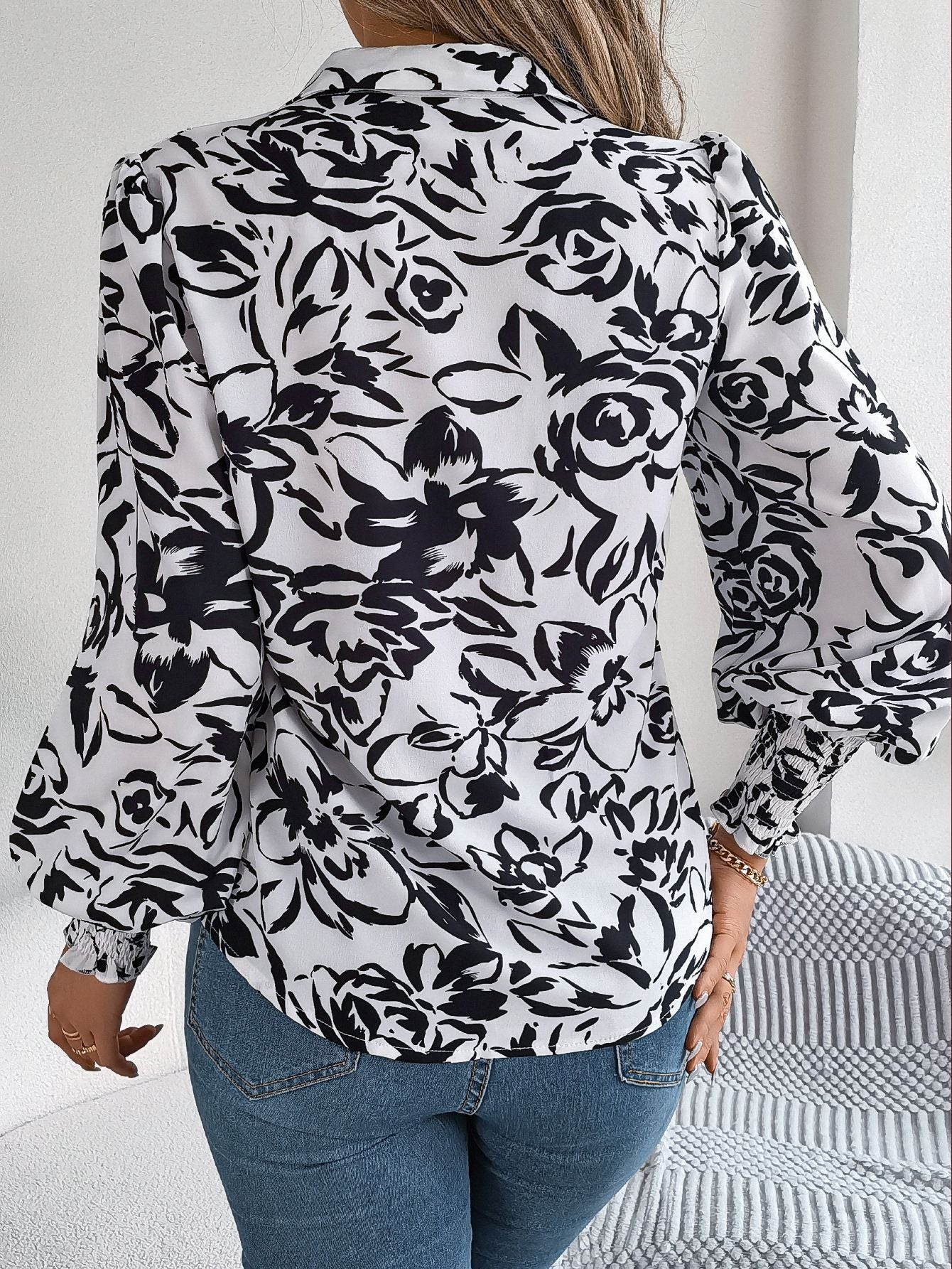 Women Floral Printed Shirt Collar Top