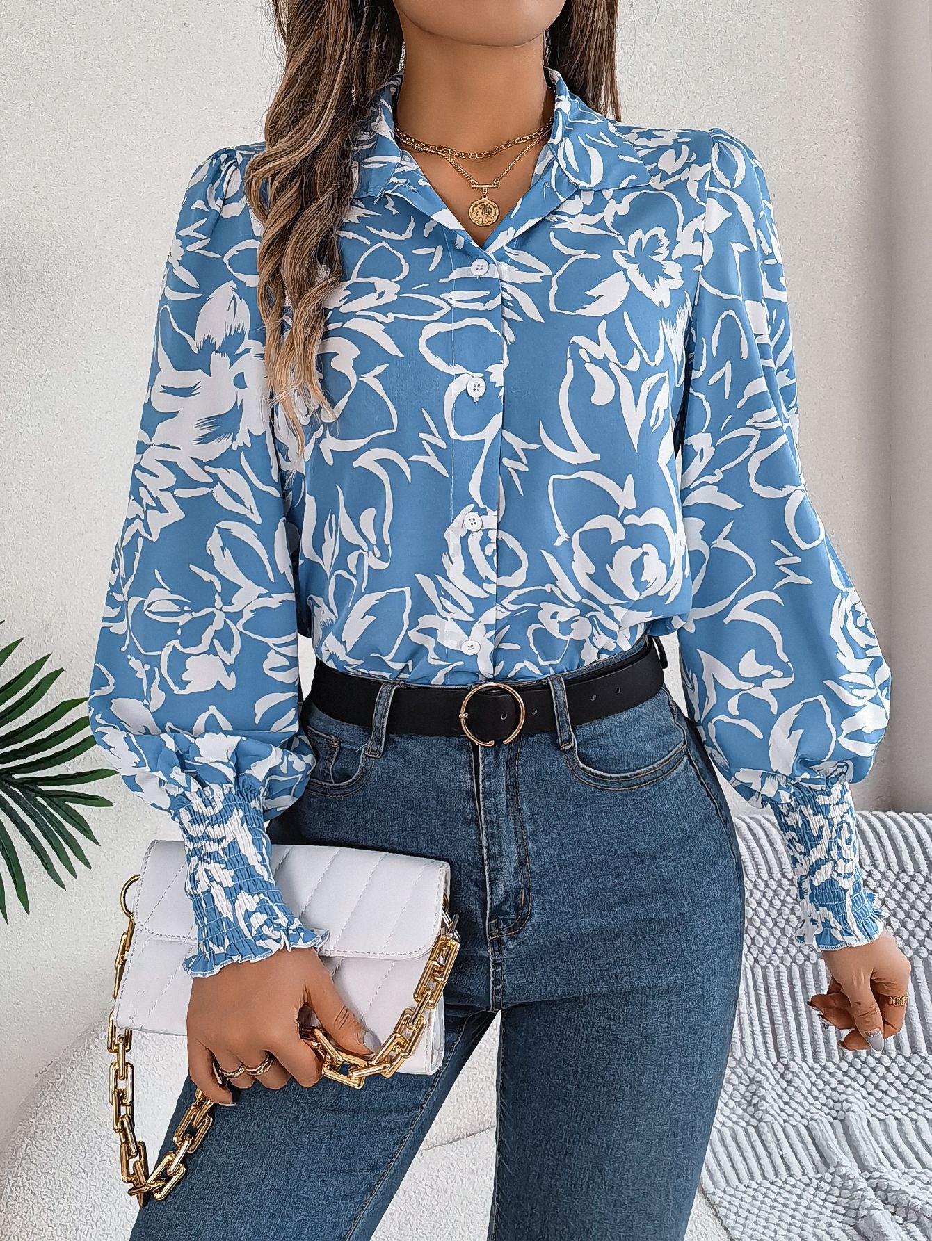 Women Floral Printed Shirt Collar Top