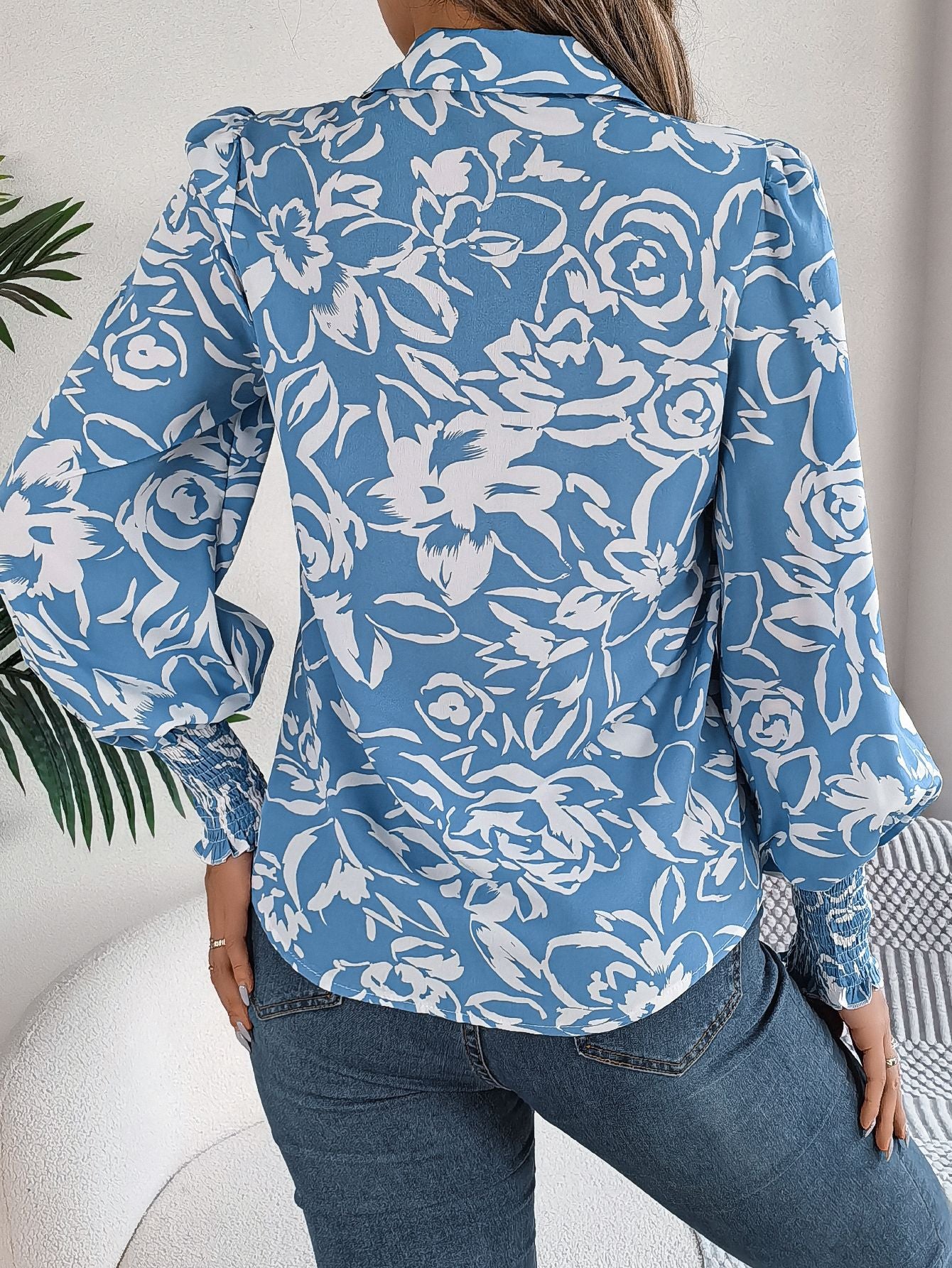 Women Floral Printed Shirt Collar Top