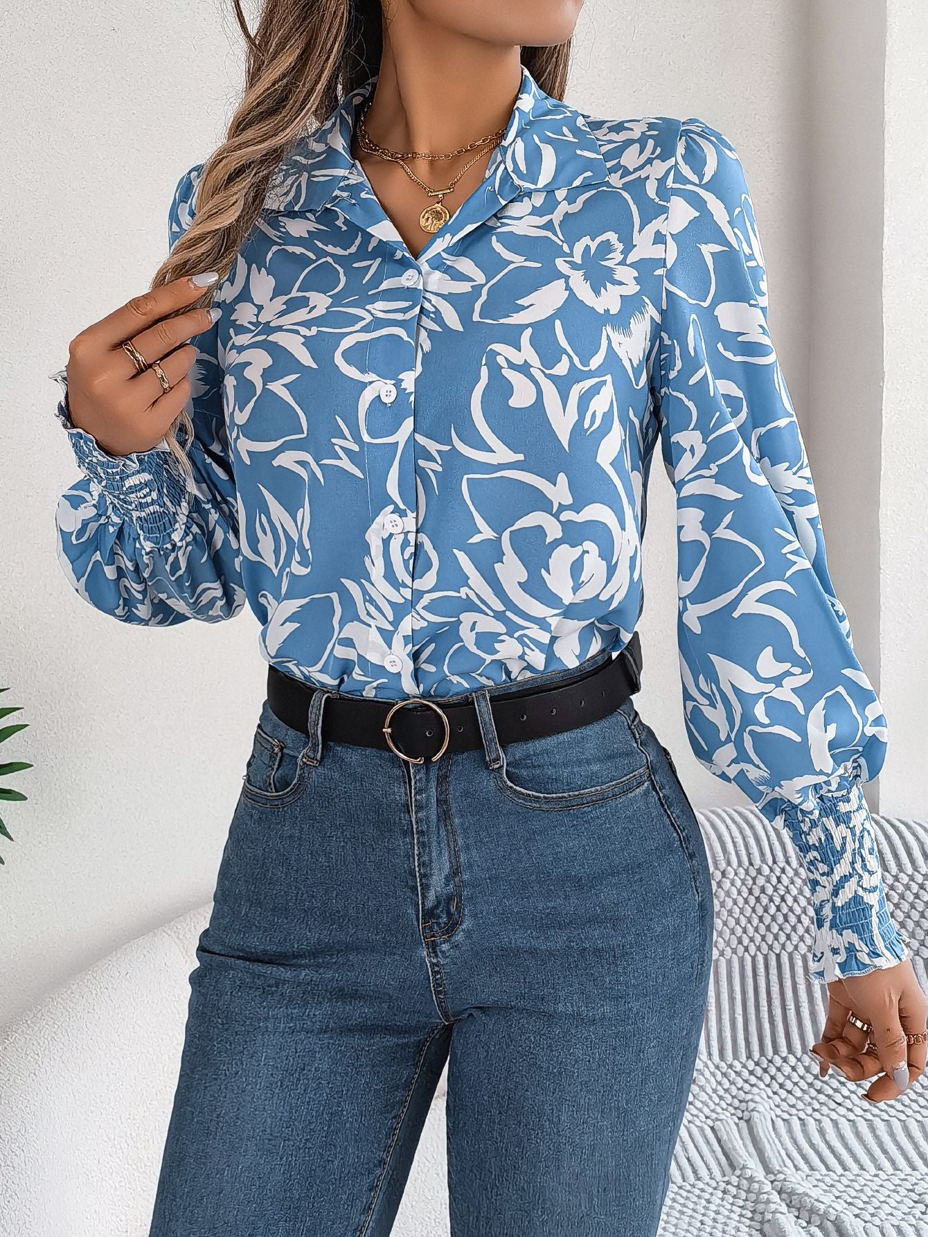 Women Floral Printed Shirt Collar Top