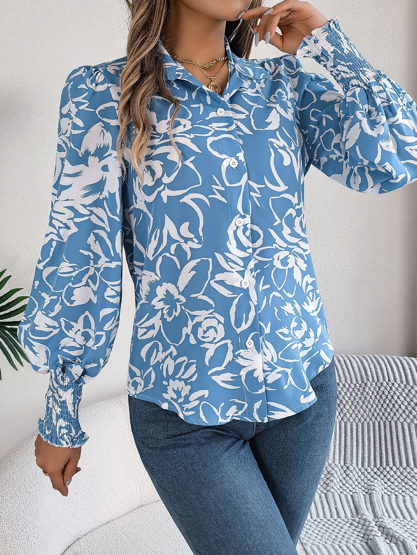 Women Floral Printed Shirt Collar Top