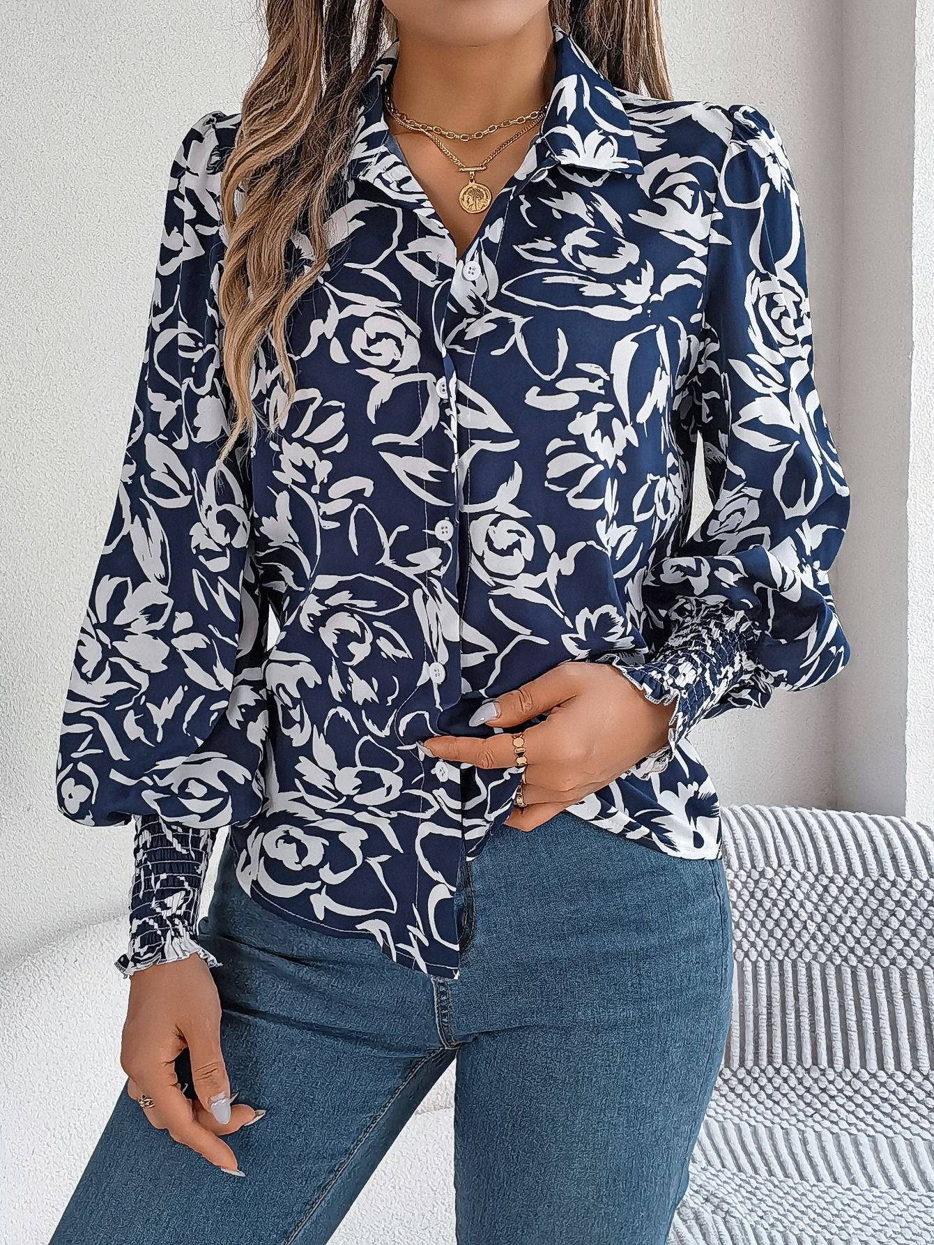 Women Floral Printed Shirt Collar Top