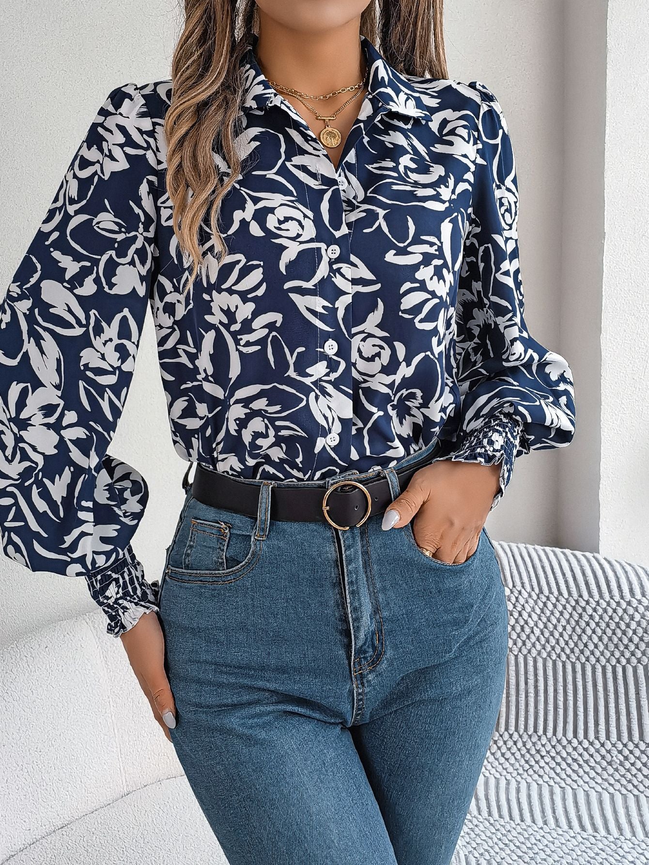 Women Floral Printed Shirt Collar Top