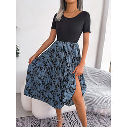 Blue Floral Printed Gathered Fit & Flare Midi Dress