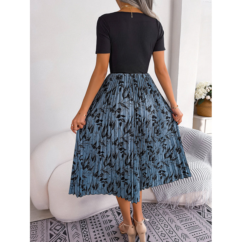 Blue Floral Printed Gathered Fit & Flare Midi Dress