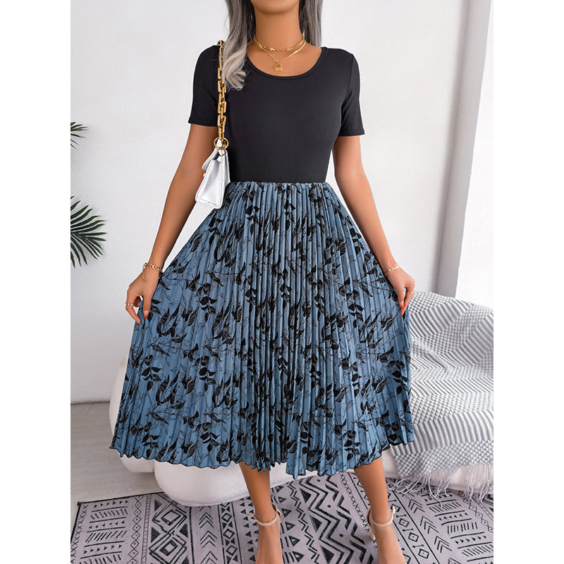 Blue Floral Printed Gathered Fit & Flare Midi Dress