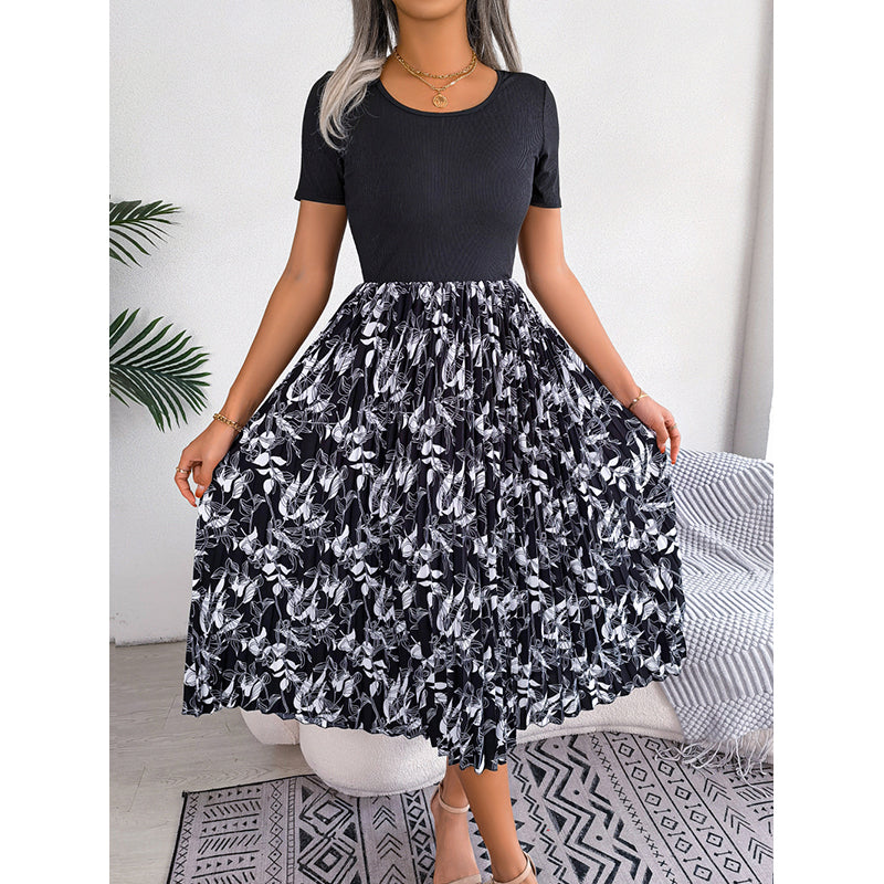 Black Tropical Printed Gathered Detail A-Line Dress
