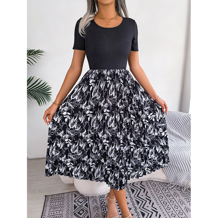 Black Tropical Printed Gathered Detail A-Line Dress