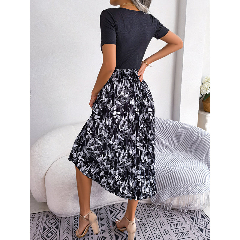 Black Tropical Printed Gathered Detail A-Line Dress