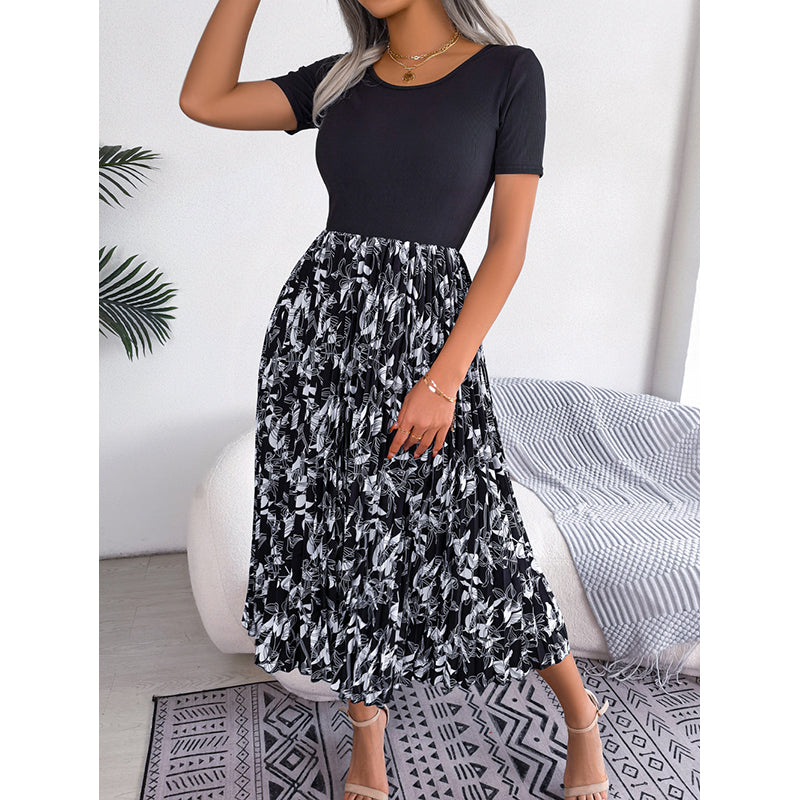 Black Tropical Printed Gathered Detail A-Line Dress