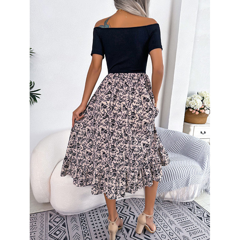 Black Floral Printed Fit and Flare Midi Dress