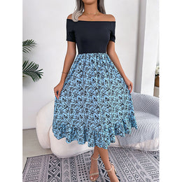 Blue Floral Printed A-Line Midi Dress